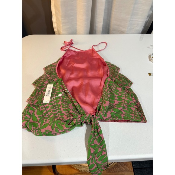 Trina Turk Halter Top Ruffle Petal Top Tiered Sleeveless Pink Green Floral - Picture 2 of 6